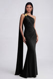 Olive Floral One Shoulder Ruched Long Mermaid Formal Dress with Side Cape
