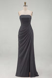 Light Pink Sheath Ruched Long Prom Dress with Slit