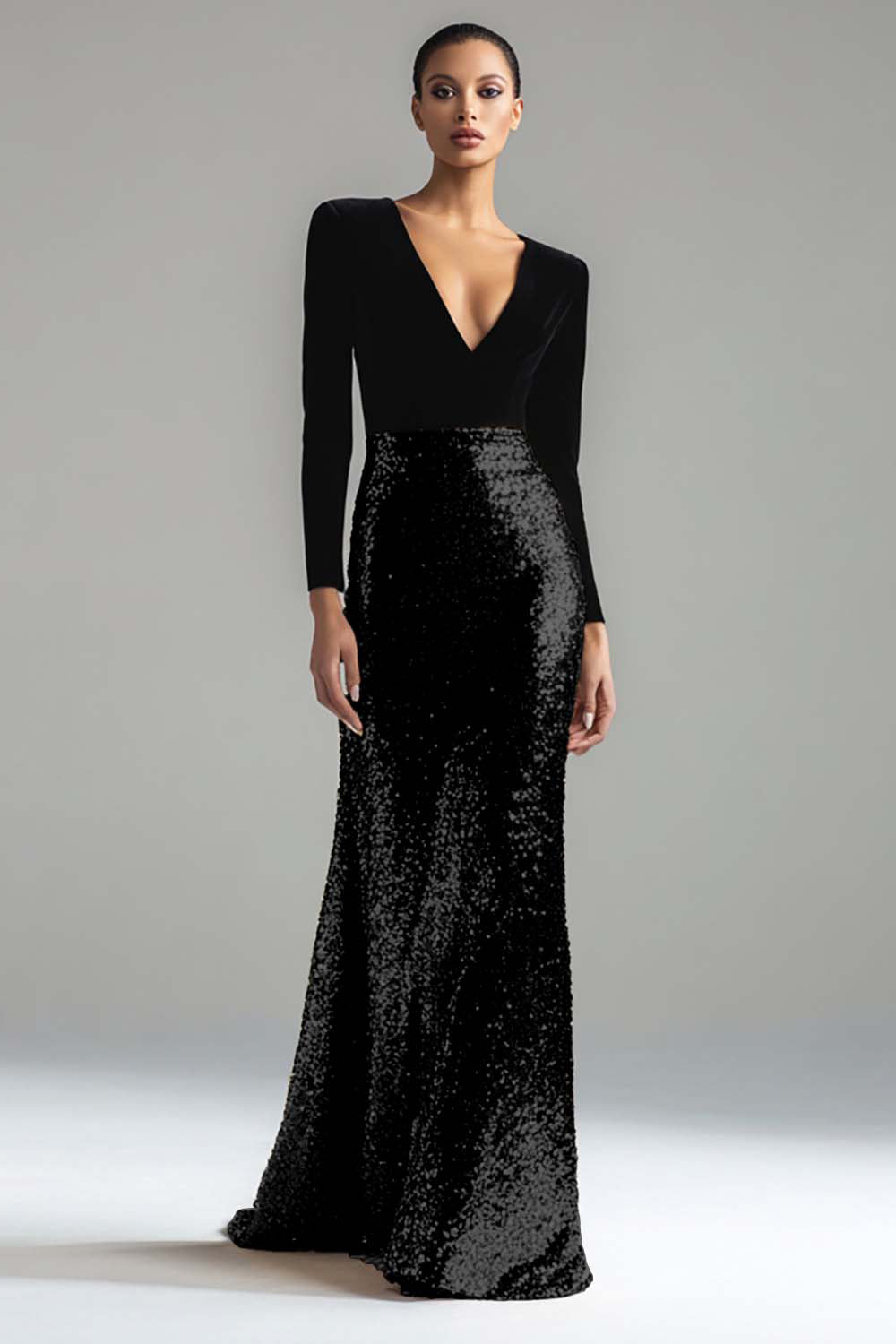 Sparkly Gold and Black Velvet V-Neck Long Holiday Party Dress with Sleeves
