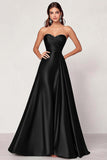 Satin Dark Green A Line Sweetheart Ruched Long Prom Dress