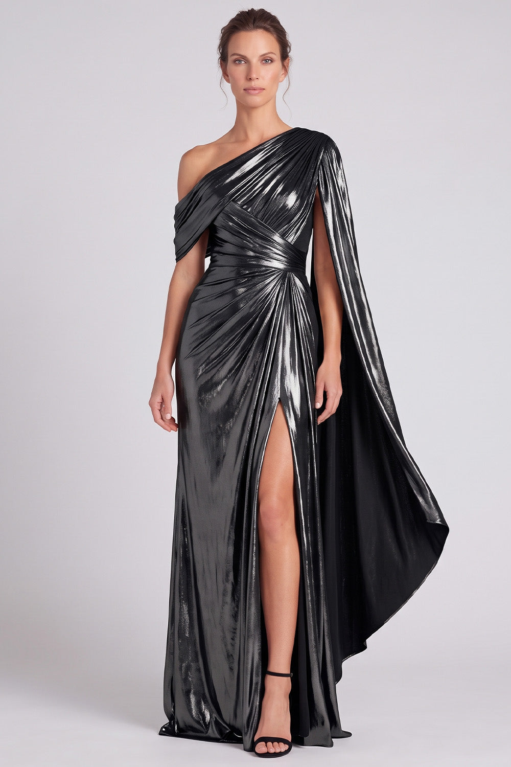 Gold Metallic One Shoulder Sheath Ruched Long Formal Dress with Slit