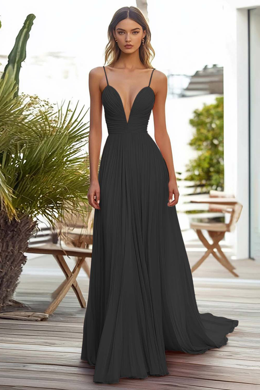 Pink Spaghetti Straps Chiffon Long Wedding Guest Dress with Pleated