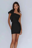 White Sheath Satin One Shoulder Short Graduation Dress with Bow