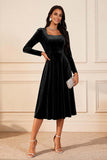 Dark Green A Line Velvet Midi Glitter Holiday Party Dress with Sleeves