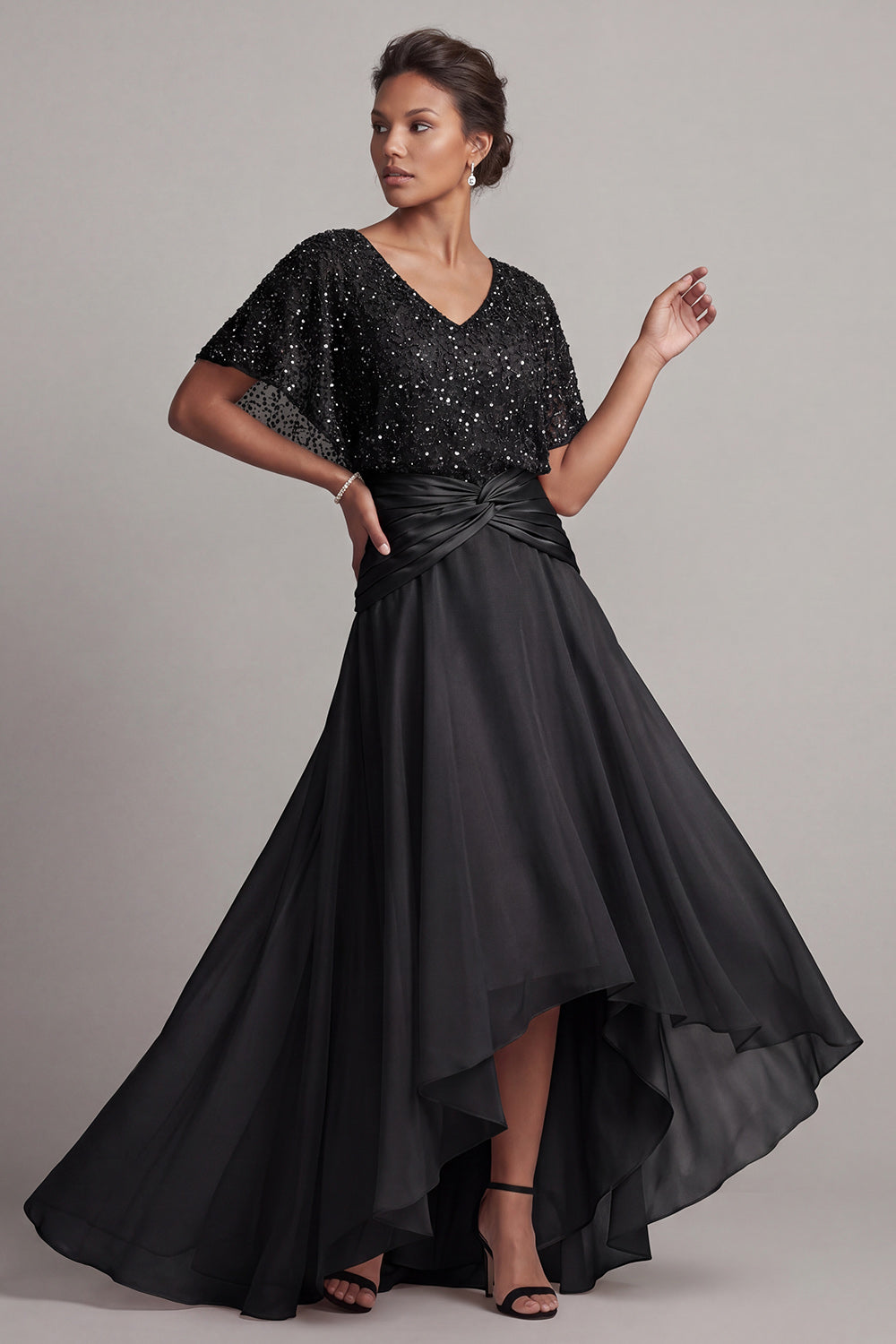 Sparkly Champagne Asymmetrical Ruched Sequin A Line Mother of the Bride Dress