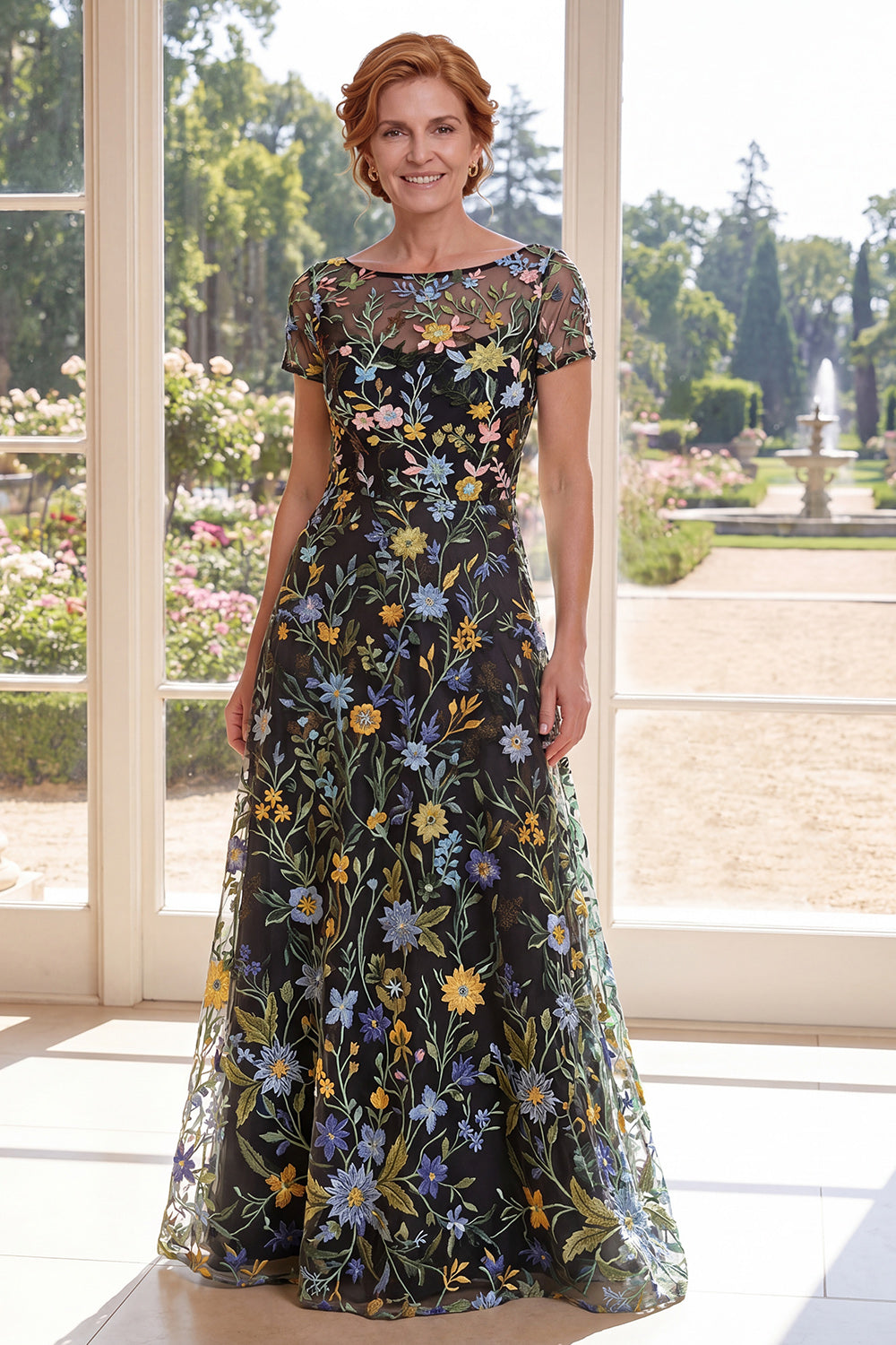 Short Sleeves A Line Long Green Floral Boat Neck Mother of the Bride Dress