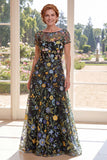 Short Sleeves A Line Long Green Floral Boat Neck Mother of the Bride Dress