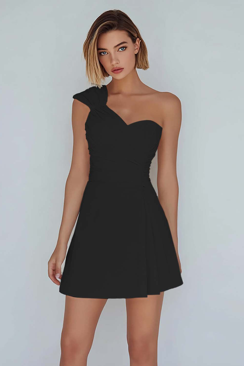 Ivory One Shoulder Satin Ruched Short A-Line Graduation Dress
