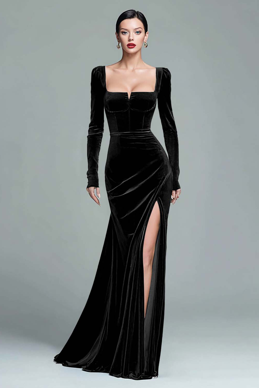 Zapaka Women Dark Green Mermaid Long Formal Dress with Sleeves Square Neck Velvet Holiday Party Dress with Slit, Dark Green / US16W Zapaka Women Dark Green Mermaid Long Formal Dress with Sleeves Square Neck Velvet Holiday Party Dress with Slit, Dark Green / US16W