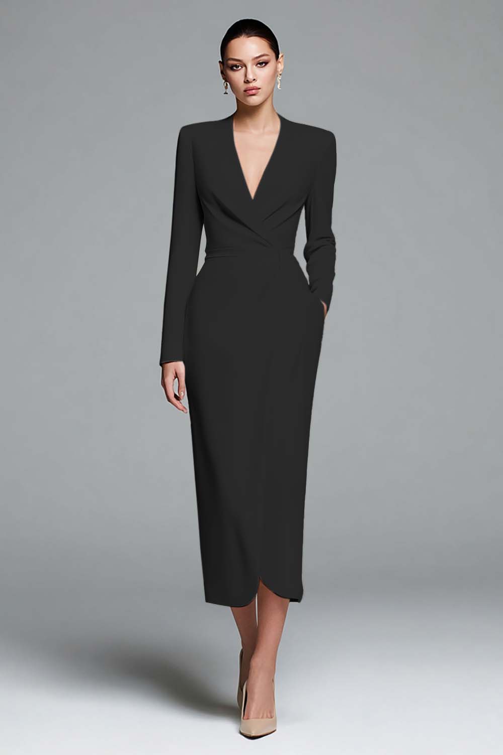 Ivory Satin V-Neck Sheath Long Sleeves Work Dress