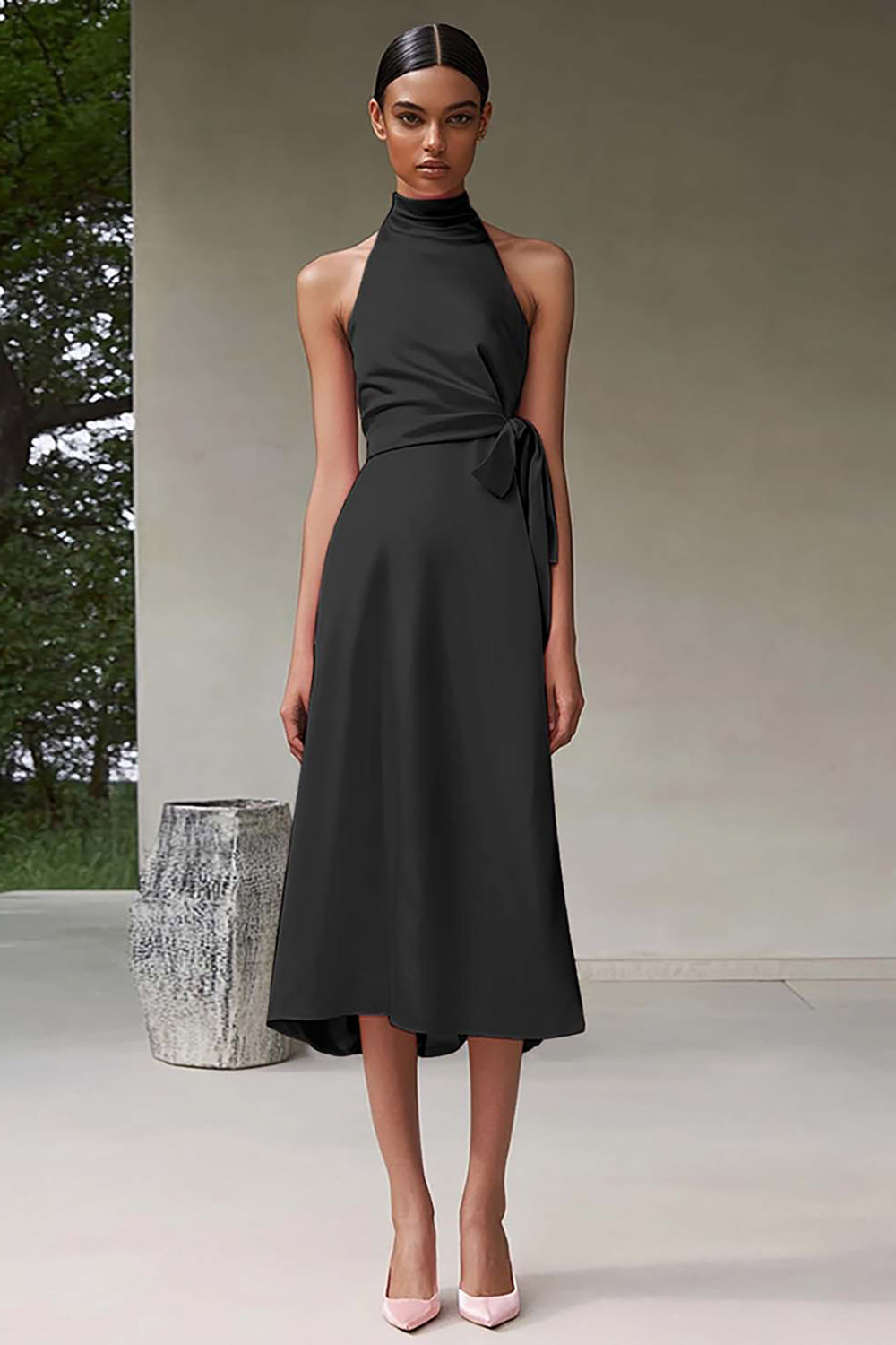 Pink Satin A Line Halter Knee-Length Formal Dress