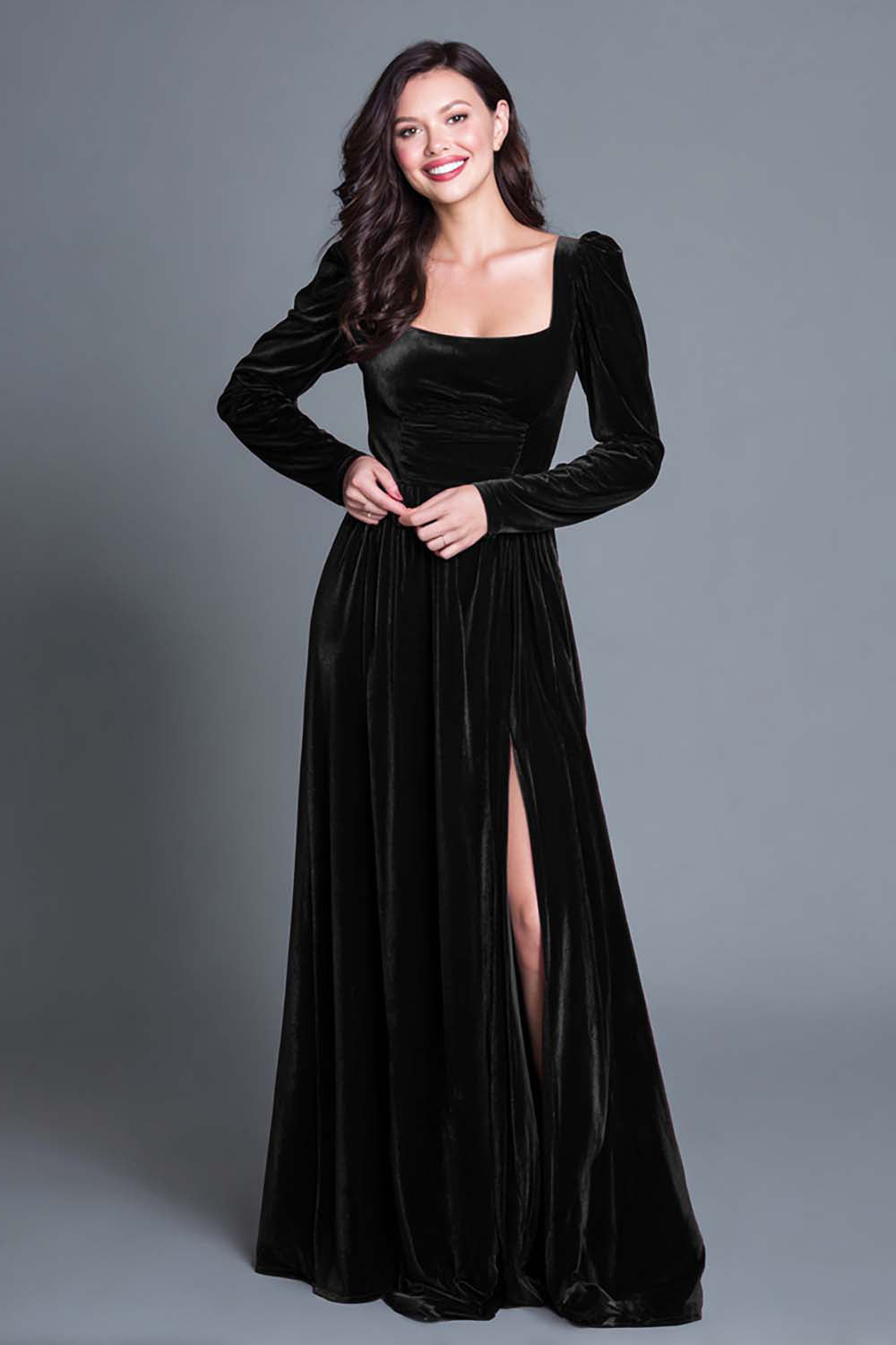 Zapaka Women Burgundy A-Line Velvet Long Formal Dress with Slit Long Sleeves Square Neck Evening Dress, Burgundy / US16W