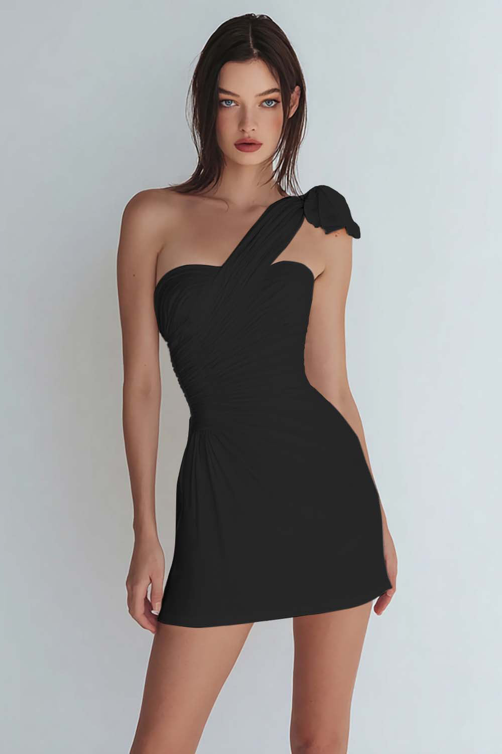 Ivory One Shoulder Satin Ruched Short Tight Graduation Dress with Bow
