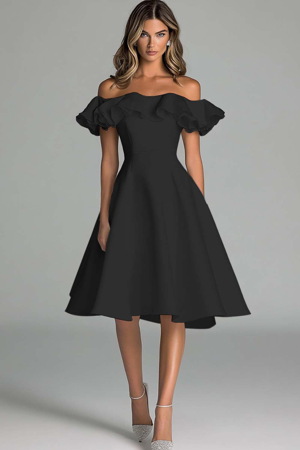 Dusty Blue A Line Satin Off the Shoulder Short Graduation Dress with Ruffles