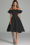 Dusty Blue A Line Satin Off the Shoulder Short Graduation Dress with Ruffles