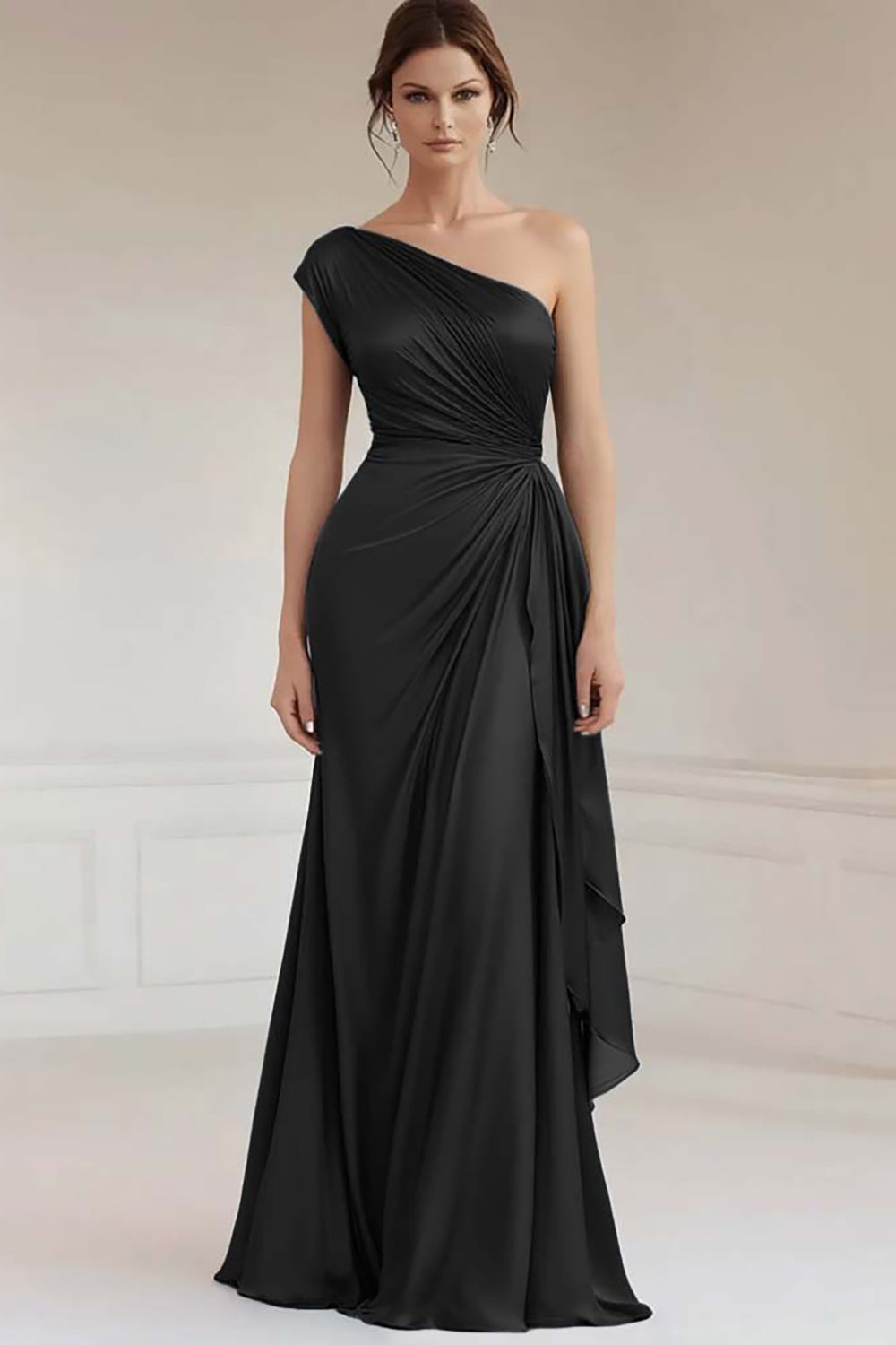 Grey Blue One Shoulder Sheath Long Ruched Formal Dress