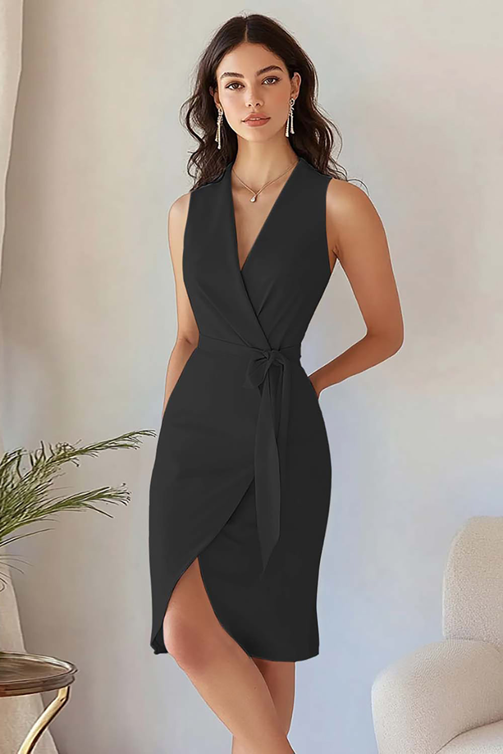 Sky Blue Satin Bodycon V-Neck Sleeveless Short Work Blazer Dress