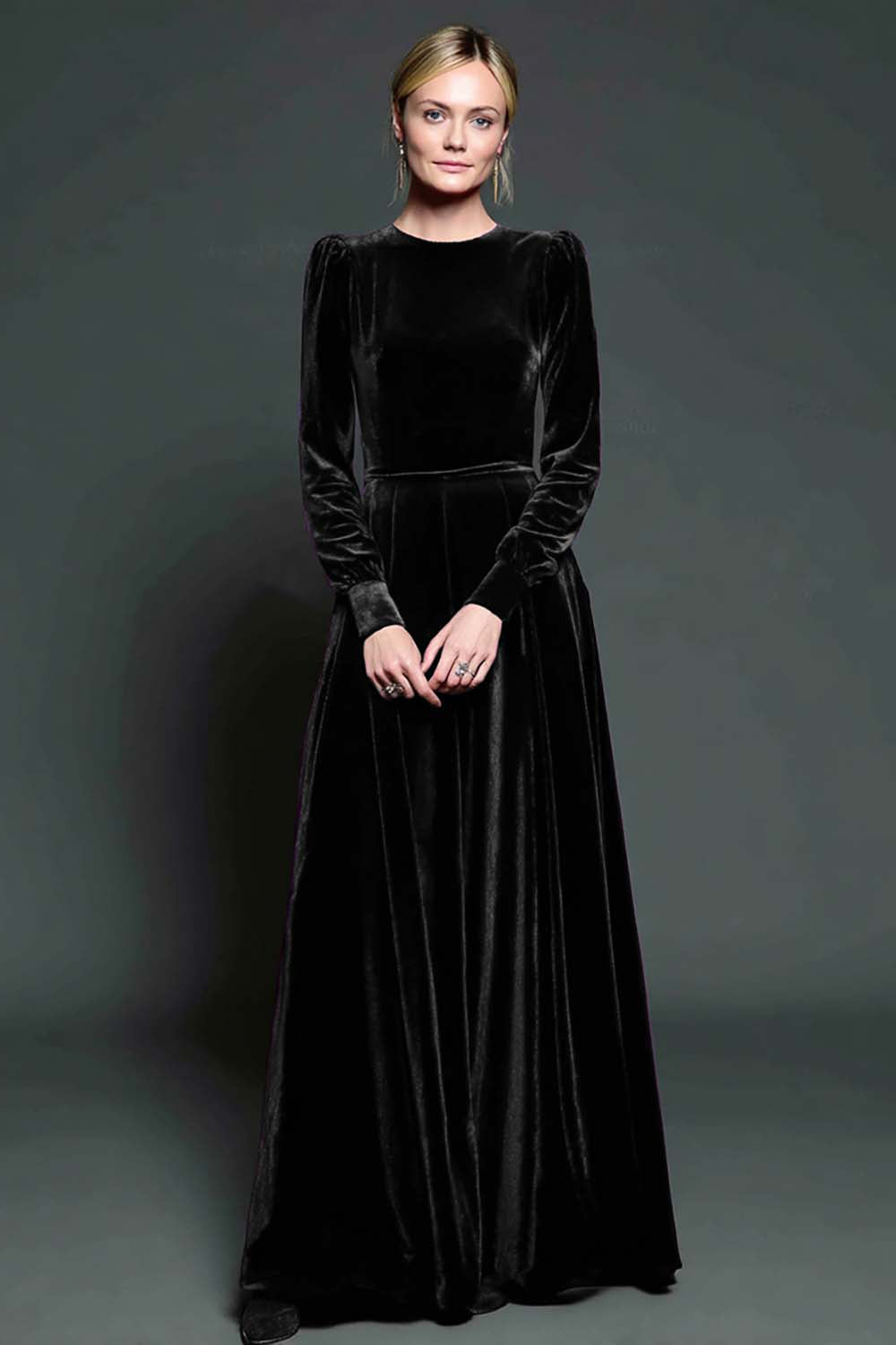 Simple Dark Purple Velvet A Line Long Holiday Party Dress with Sleeves