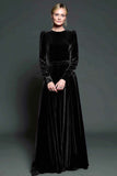 Simple Dark Purple Velvet A Line Long Holiday Party Dress with Sleeves