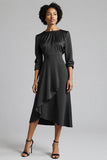 Royal Blue Satin Midi A Line Work Dress with Sleeves