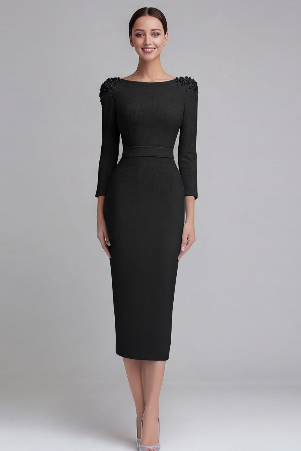 Simple Light Blue Pencil Boat Neck Midi Work Dress with Sleeves