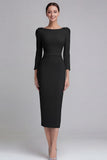 Simple Light Blue Pencil Boat Neck Midi Work Dress with Sleeves
