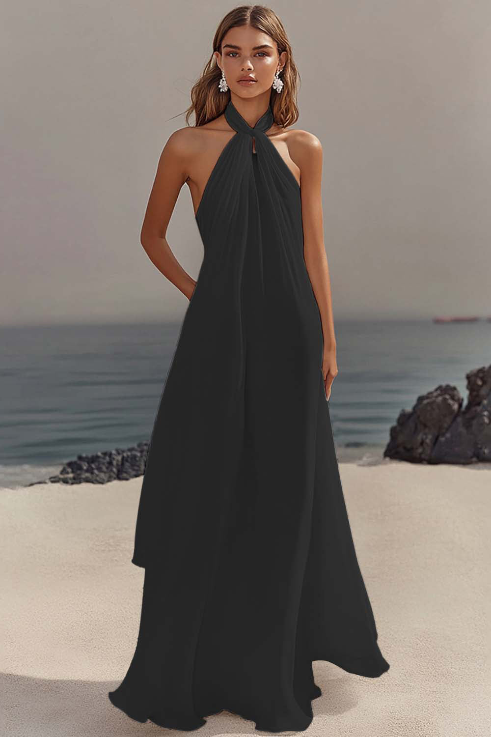 White Halter Neck A Line Long Chiffon Rehearsal Dinner Dress