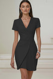 Ivory V-Neck Pencil Pleated Short Work Dress with Sleeves