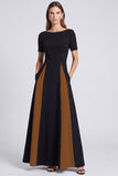Black and White A Line Boat Neck Long Formal Dress with Pockets
