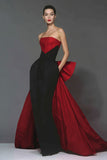 Black and Red Mermaid Strapless Long Formal Dress with Cape