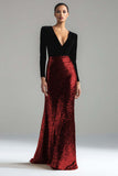 Sparkly Gold and Black Velvet V-Neck Long Holiday Party Dress with Sleeves