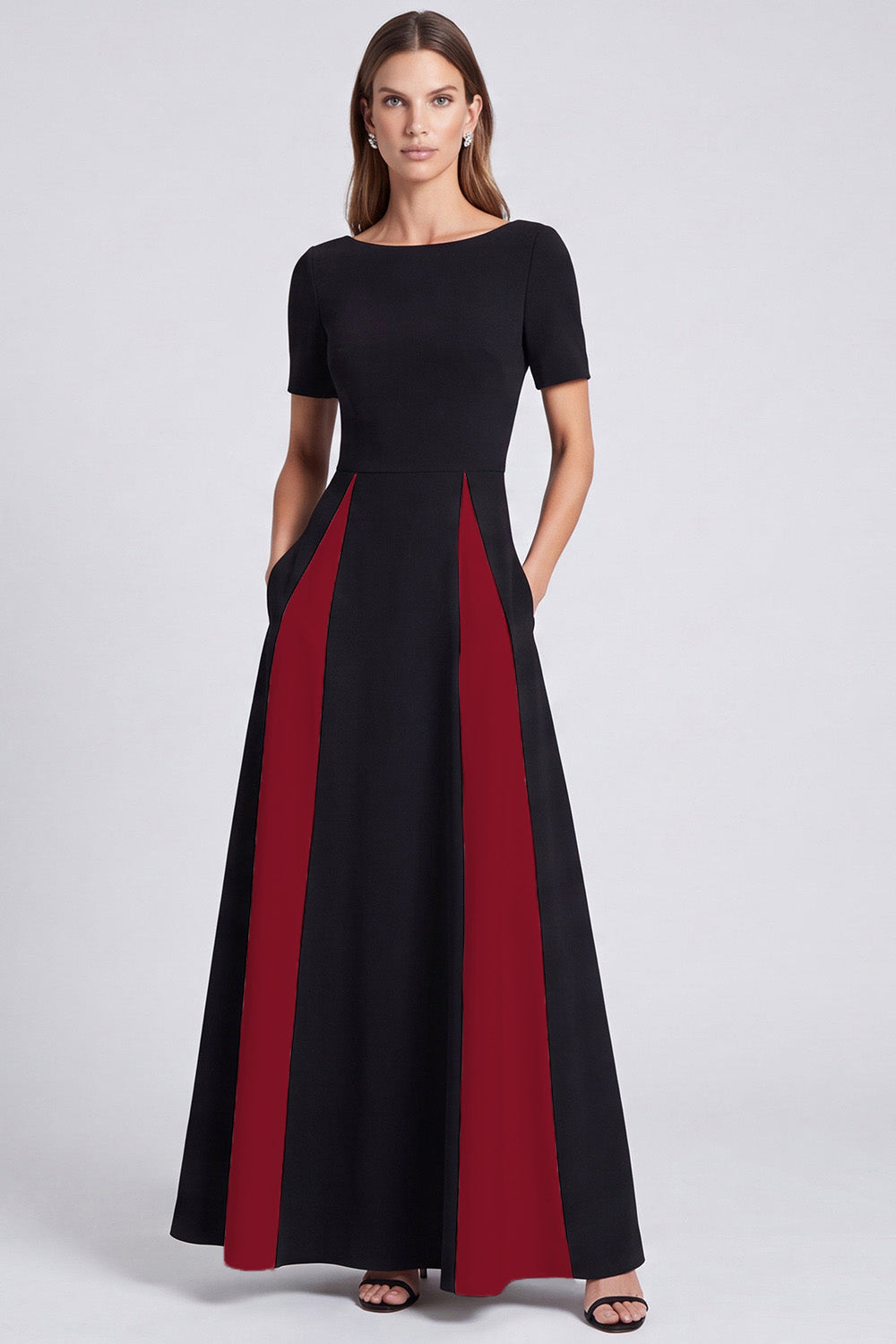 Black and White A Line Boat Neck Long Formal Dress with Pockets