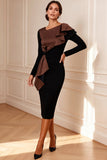 Black and White Pencil Ruffled Midi Mother of the Bride Dress with Sleeves