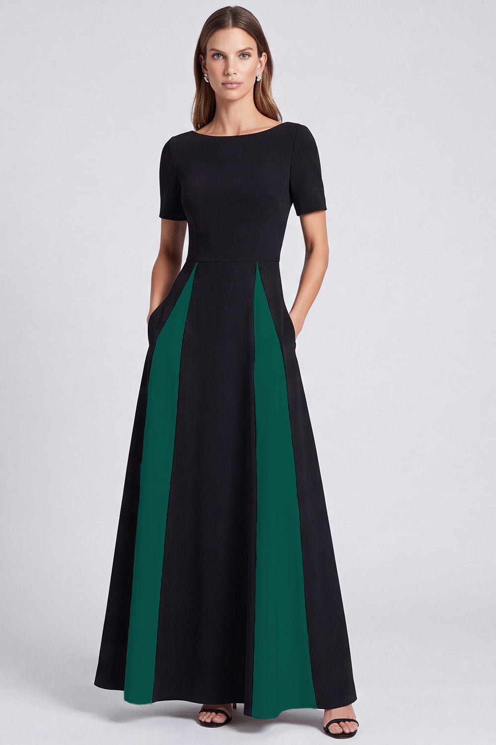 Black and White A Line Boat Neck Long Formal Dress with Pockets