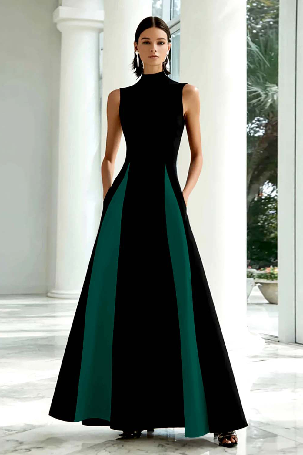 Zapaka Women Elegant Black and White Long Formal Dress A-Line High Neck Sleeveless Long Evening Dress, Black and Dark Green / US16W