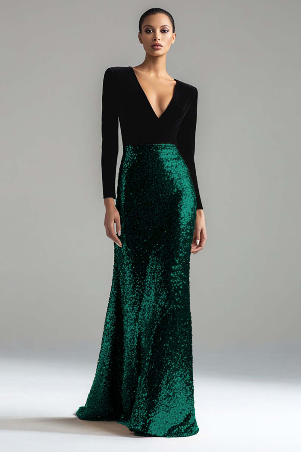Sparkly Gold and Black Velvet V-Neck Long Holiday Party Dress with Sleeves