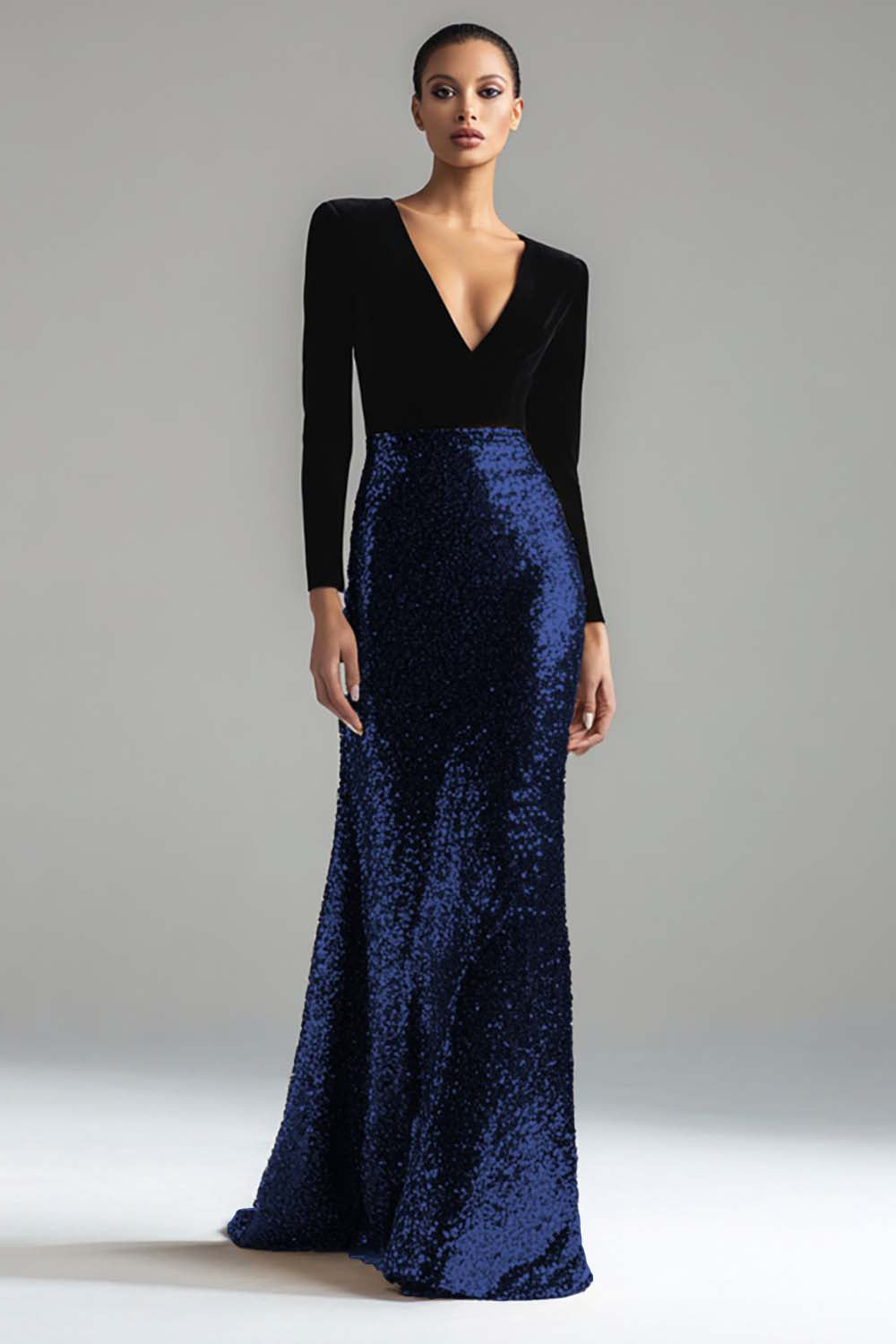 Sparkly Gold and Black Velvet V-Neck Long Holiday Party Dress with Sleeves