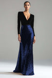 Sparkly Gold and Black Velvet V-Neck Long Holiday Party Dress with Sleeves