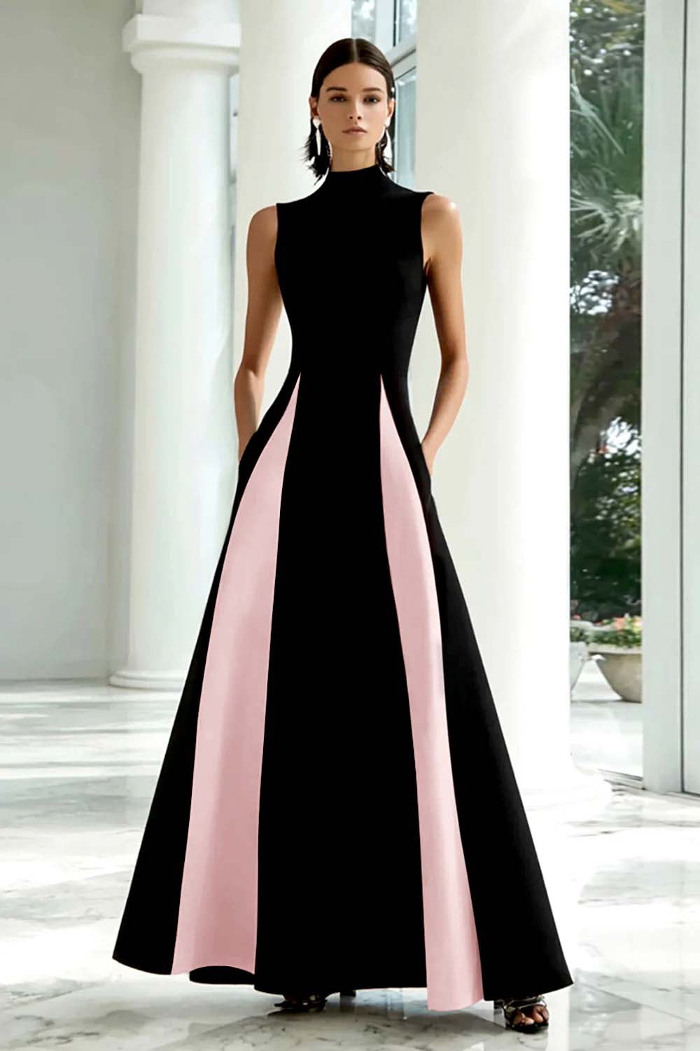Black and White High Neck Long A Line Formal Dress