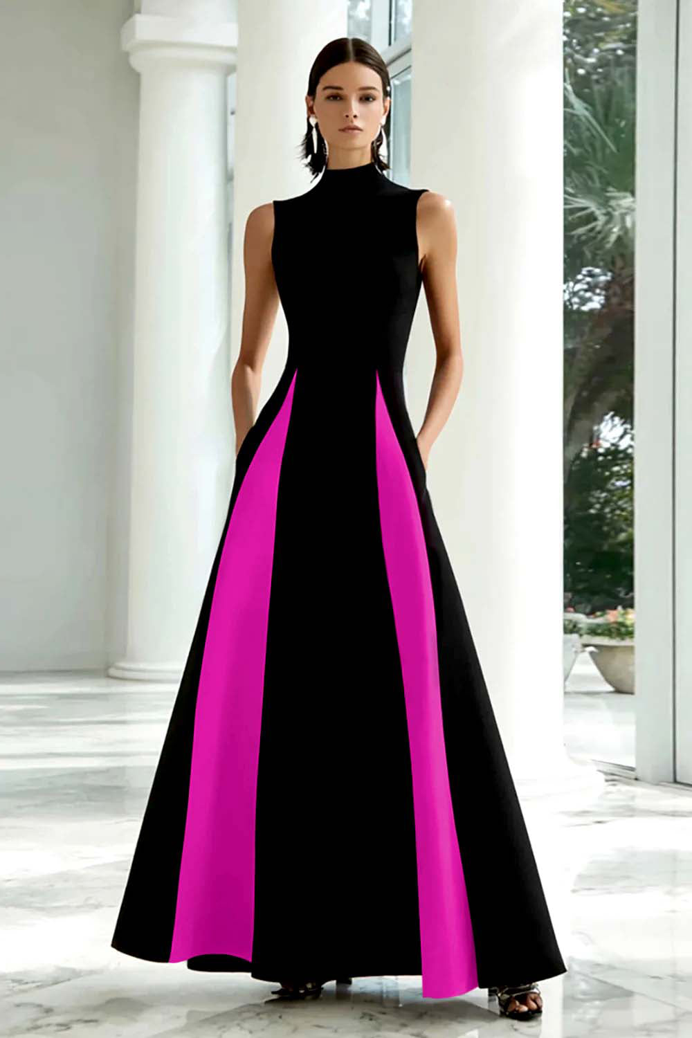 Black and White High Neck Long A Line Formal Dress