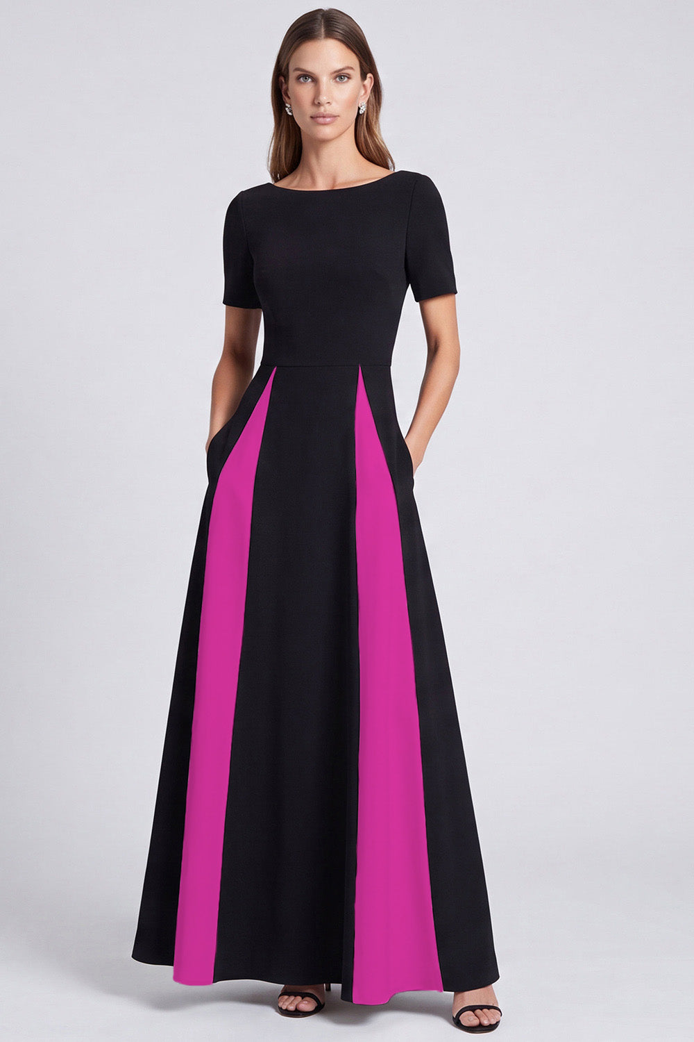 Black and White A Line Boat Neck Long Formal Dress with Pockets
