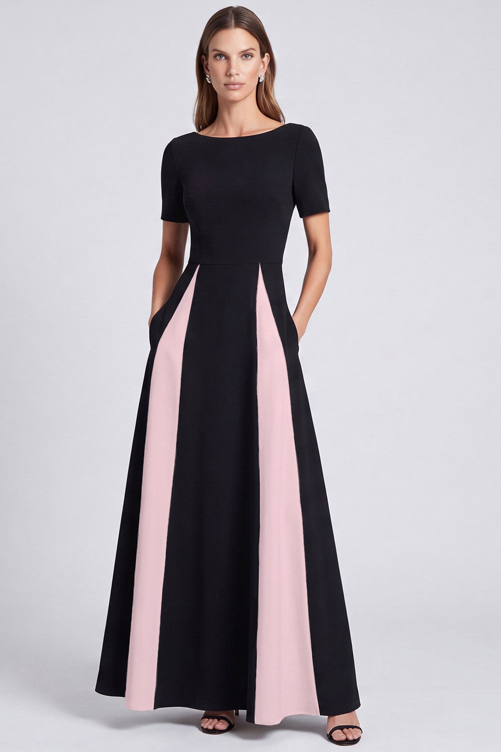 Black and White A Line Boat Neck Long Formal Dress with Pockets