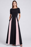 Black and White A Line Boat Neck Long Formal Dress with Pockets