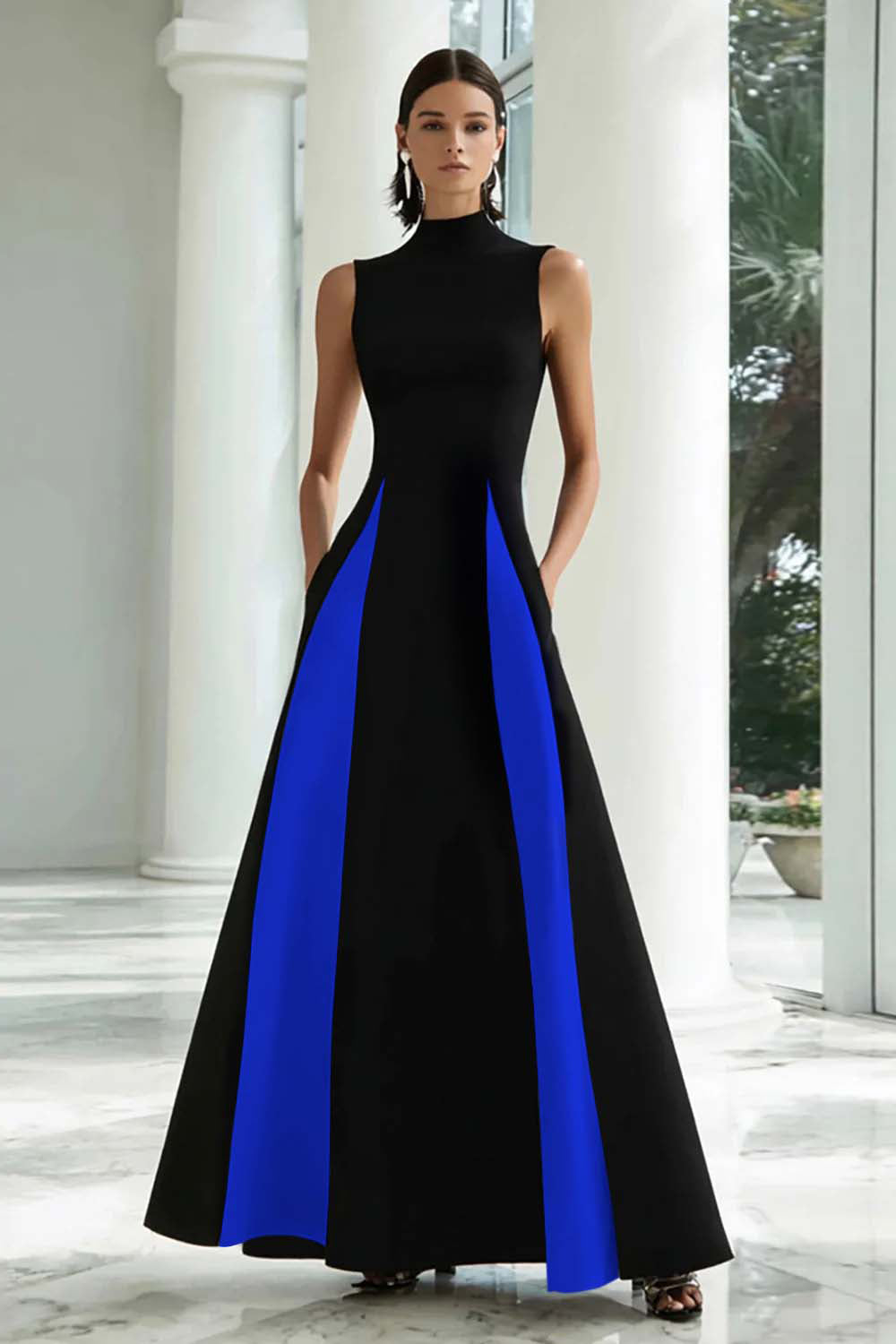Zapakasa Women Black and White Satin Long Formal Dress with Pockets A Line High Neck Patchwork Evening Dress