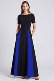 Black and White A Line Boat Neck Long Formal Dress with Pockets