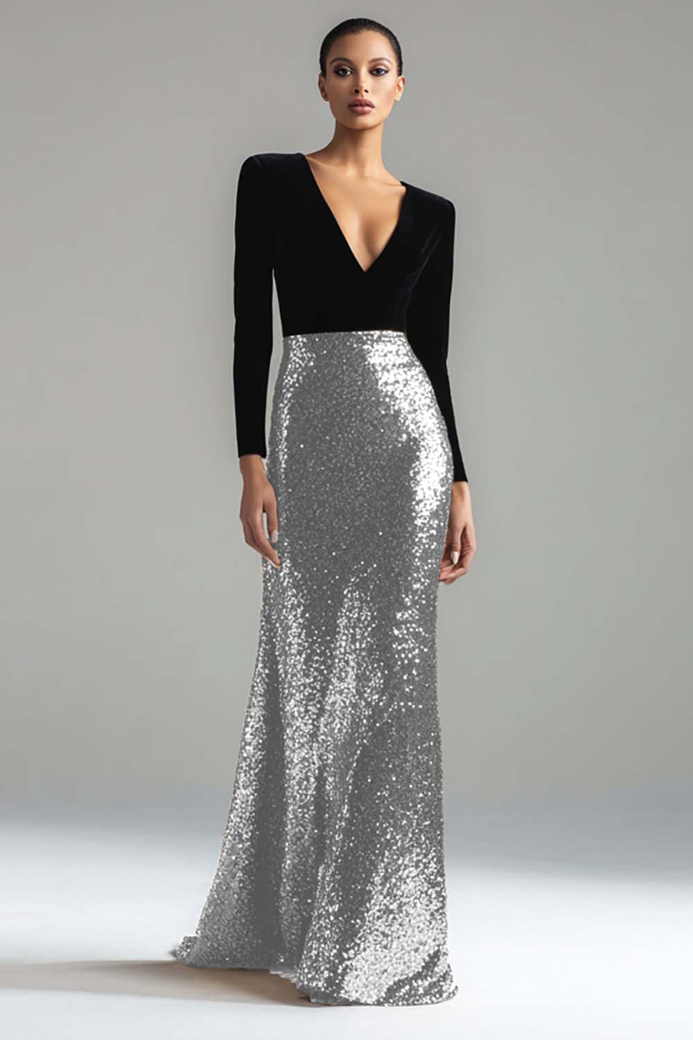 Sparkly Gold and Black Velvet V-Neck Long Holiday Party Dress with Sleeves