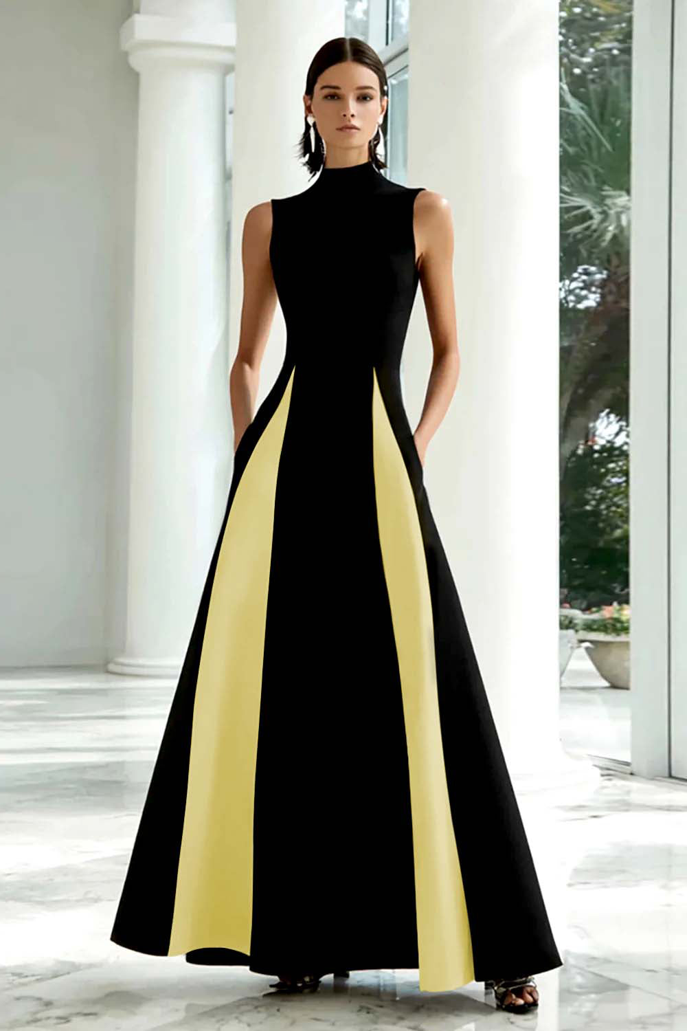 Black and White High Neck Long A Line Formal Dress