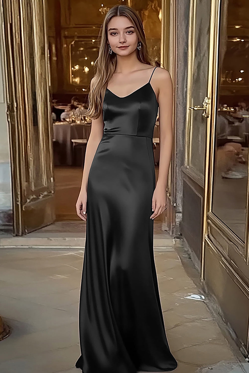 Coffee Sheath Satin Spaghetti Straps Long Formal Dress