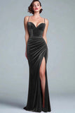 Burgundy Velvet Mermaid Ruched Long Holiday Party Dress with Slit