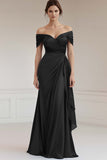 Peacock Satin Off the Shoulder Long Sheath Formal Dress
